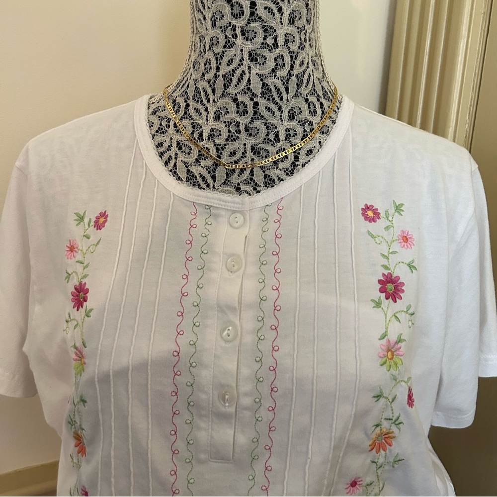 Vintage Embroidered Floral White Short Sleeve Top SZ L - Picture 7 of 9